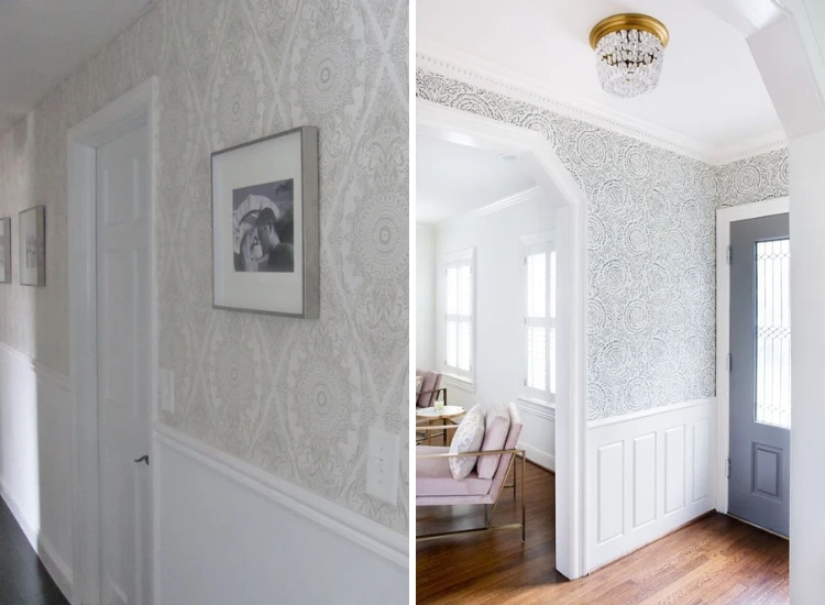 28. Lace pattern white wallpaper used in a hallway Lace pattern white wallpaper used in a hallway