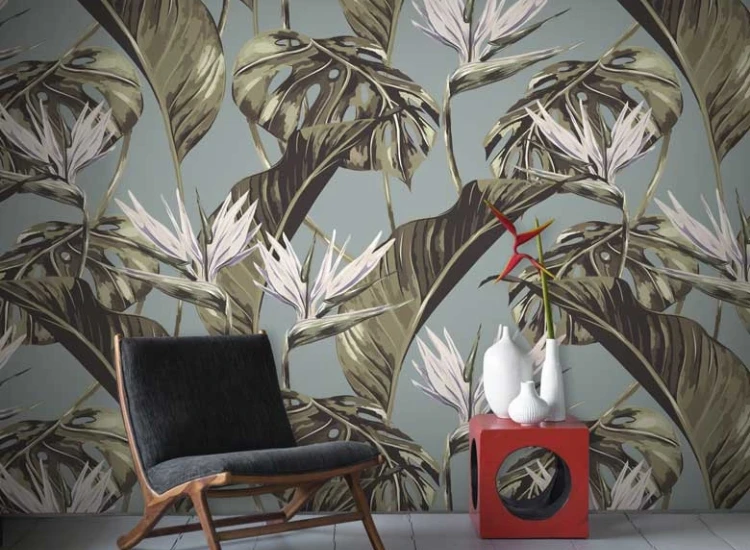 29. Bird of Paradise tropical wallpaper pasted on a hallway wall FEATHER
