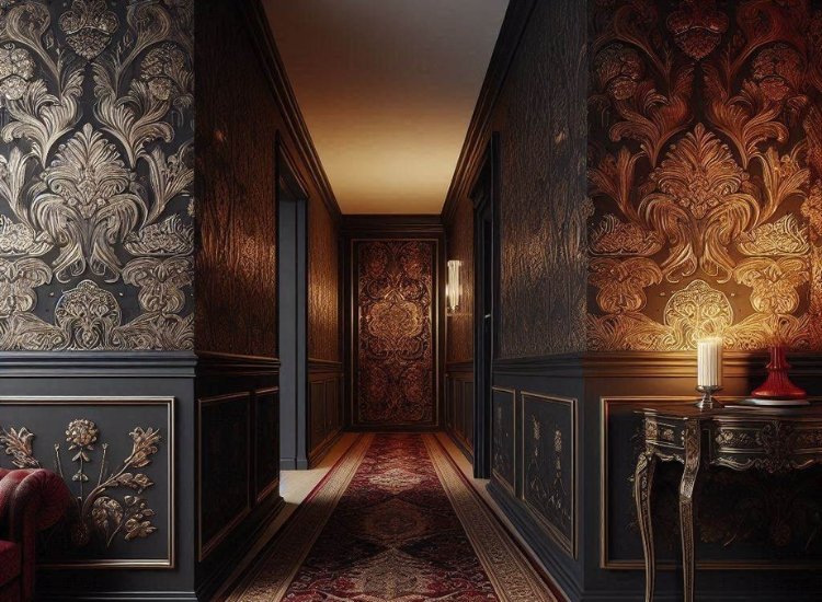 Dark coloured hallway wallpaper with floral pattern design for luxurious vibes