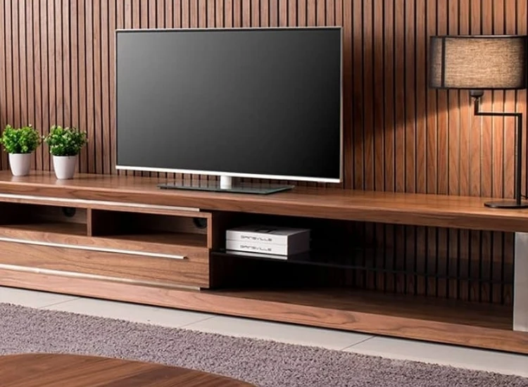32. Veneer Luxury and Sophistication in TV Unit Design "Veneer TV unit design, adding luxury and sophistication with rich textures and elegant finishes to enhance the living room's modern appeal."