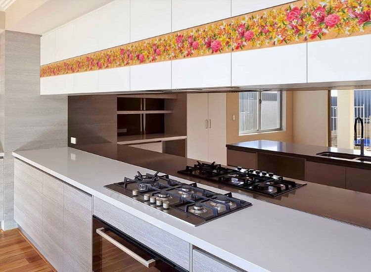 "Wallpaper borders that provide subtle accents to kitchen decor, enhancing the overall design with a touch of elegance and style."