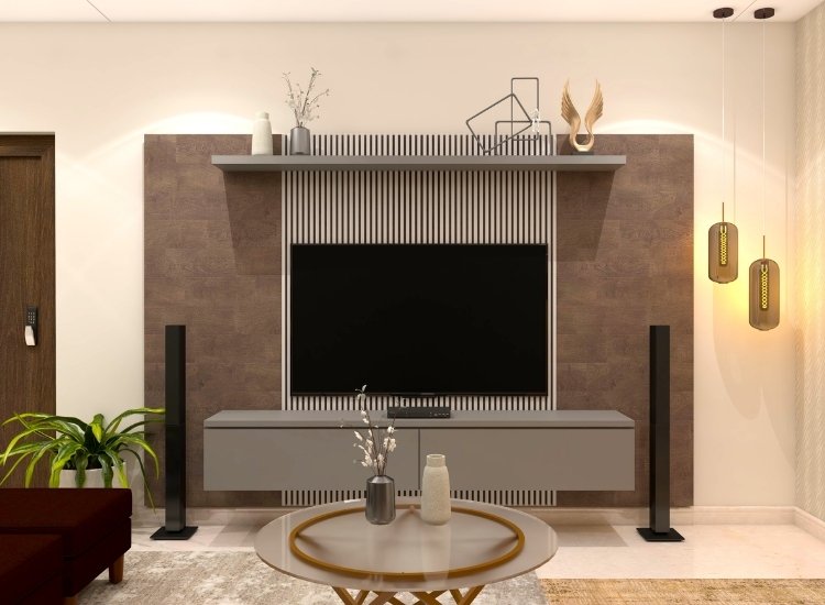 "Louvers TV unit design, combining stylish slatted panels and functional storage, perfect for enhancing any living room with modern flair."