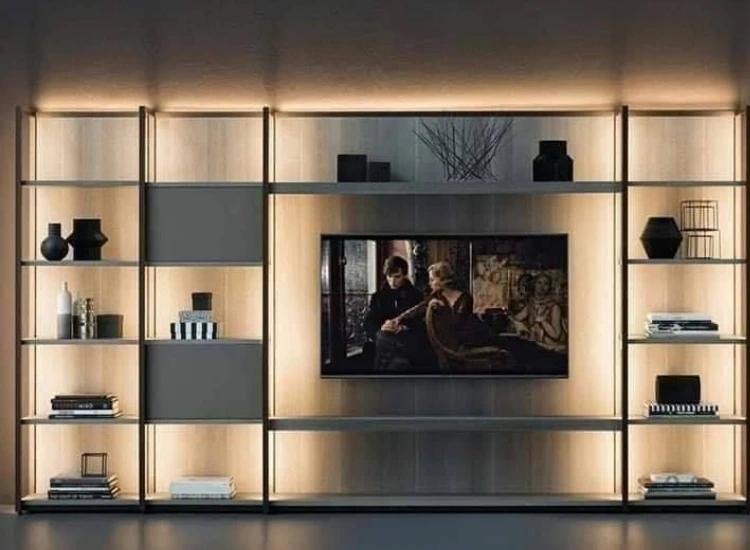 36. Metal Industrial Strength Meets Modern TV Unit Design "Metal TV unit design, where industrial strength meets modern design, offering a durable and stylish addition to any contemporary living room."