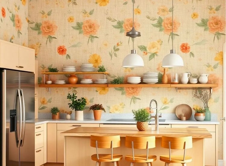 "Nature-inspired flower prints wallpaper that brings the beauty of the outdoors into your kitchen, creating a fresh and vibrant atmosphere."