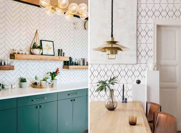 "Contemporary geometric patterns wallpaper that adds a modern flair to kitchen decor, creating a stylish and dynamic visual impact."