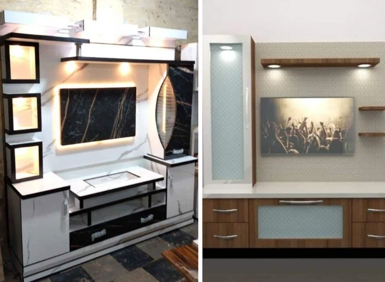 37. Particle Boards Tv Unit Design "Particle board TV unit design, offering an affordable and practical solution for budget-friendly units with modern aesthetics and functionality."