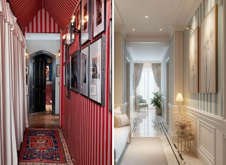 38. Striped hallway wallpaper design is adorned with mattress and paintings Striped hallway wallpaper design is adorned with mattress and paintings