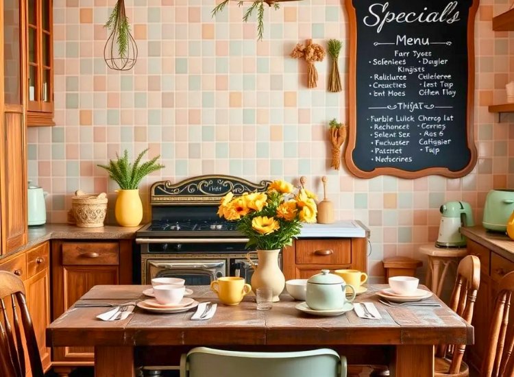 "Vintage kitchen scenes wallpaper that evokes a retro vibe, bringing nostalgic charm and character to your cooking space."