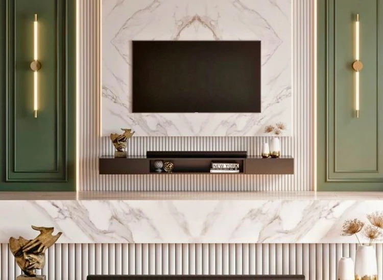 39. TV Unit with 3D Wall Panels "TV unit with 3D wall panels design, adding texture and modern aesthetics to the living room while providing stylish storage and entertainment space."