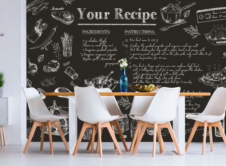 "Personalized family recipe wallpaper that showcases cherished recipes, adding a unique and sentimental touch to your kitchen decor."