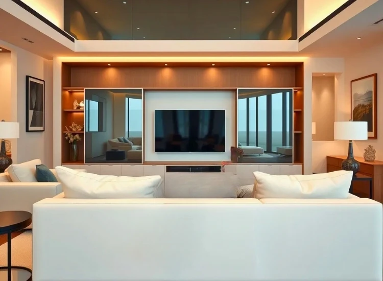 40. TV Unit with Sliding Glass Doors "TV unit with sliding glass doors design, offering a sleek modern look and easy access to storage while enhancing the living room's aesthetic."