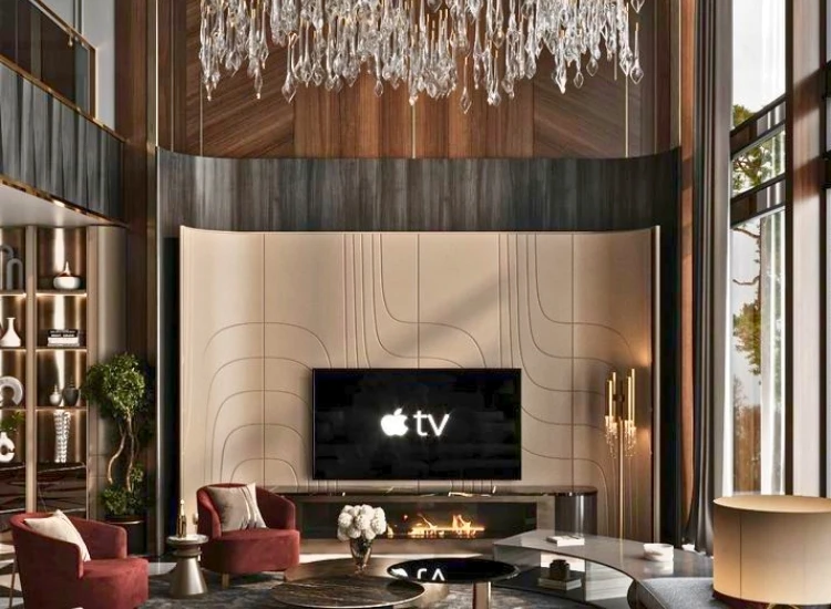 41. Curved TV Unit Design "Curved TV unit design, featuring smooth, modern lines and elegant storage solutions, perfect for enhancing the living room's style."