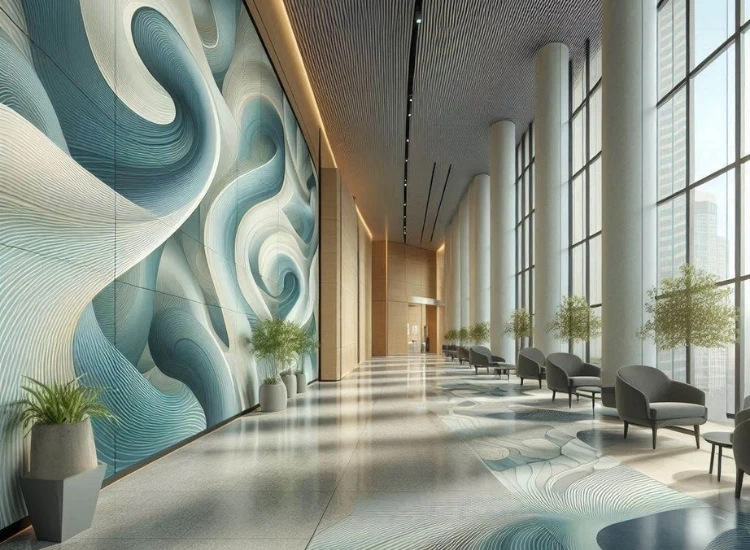 42. Large commercial hallway wallpaper design in curved and blue hues Large commercial hallway wallpaper design in curved and blue hues