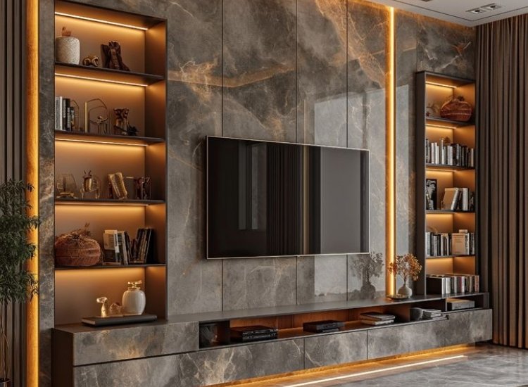 "Floating TV unit with hidden lighting design, adding a sleek modern look and ambient lighting to create a stylish and functional living room."