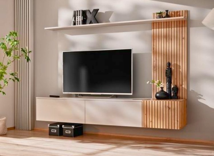 "TV unit with decorative rattan elements, adding a natural, textured touch to modern designs for a cozy and stylish living room atmosphere."