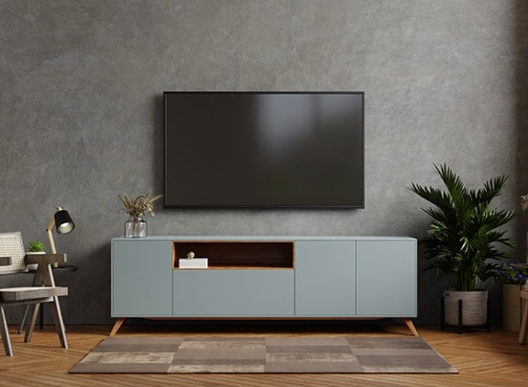 "TV unit with tapered legs design, offering a sleek, mid-century modern look with functional storage for a stylish living room setup."