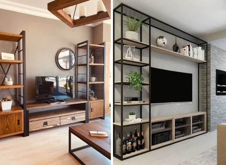 49. Industrial Pipe TV Unit "Industrial pipe TV unit design, blending raw metal and wood for a rugged, modern look with functional storage in the living room."