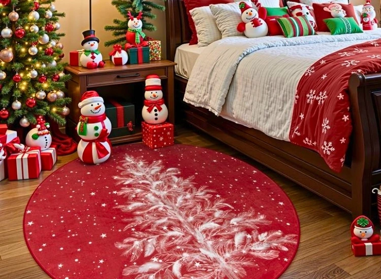 "Festive rugs with reindeer or Santa prints add holiday cheer. christmas tree png enhances the cozy atmosphere."