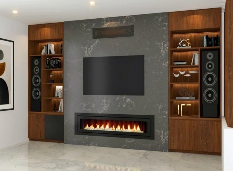 53. TV Unit with Built in Speaker System "TV unit with built-in speaker system design, combining modern aesthetics with premium sound quality for an enhanced living room experience."