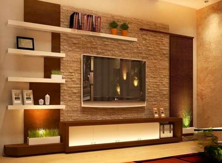 "Exposed brick TV unit design, adding rustic charm and modern functionality with stylish storage solutions for a unique living room look."