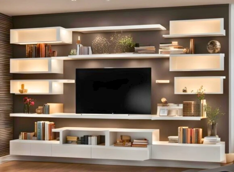 56. TV Unit with a Combination of Open and Closed Storage "TV unit with a combination of open and closed storage, offering a balance of display space and concealed storage for a neat, organized living room."