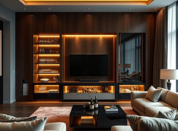 "TV unit with built-in refrigerator or mini bar design, merging entertainment and convenience with stylish storage solutions for the living room."