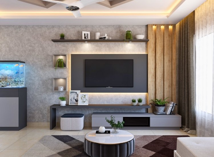 "Contemporary interior design featuring sleek furniture, modern TV units, and minimalist aesthetics for a stylish and functional living room."