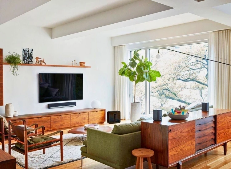 59. Mid Century Modern Interior Decor "Mid-century modern interior decor with vintage-inspired furniture, clean lines, and stylish TV units for a retro yet contemporary living room vibe."