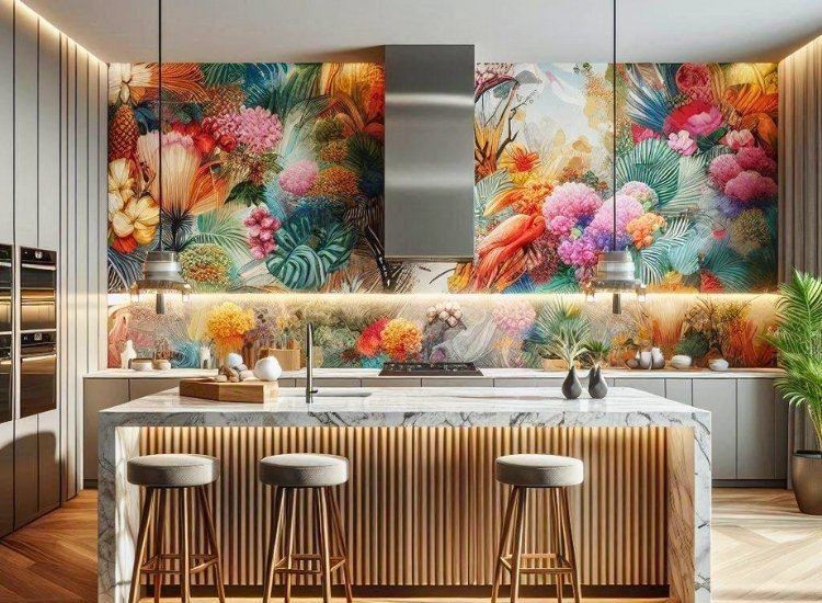 "Moisture-resistant kitchen wallpaper that withstands splashes and steam, perfect for high-use areas like backsplashes."