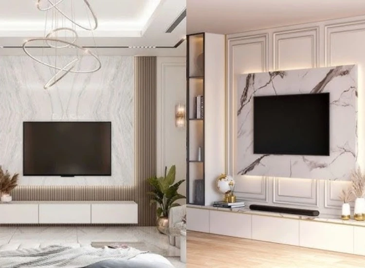 60.Minimalist TV unit design "Minimalist interior design with clean lines, simple furniture, and functional TV units, creating a clutter-free and elegant living room space."