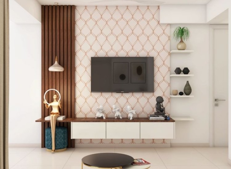 "Compact luxury interior design, combining elegant furniture, modern TV units, and smart storage solutions for a sophisticated yet space-efficient living room."