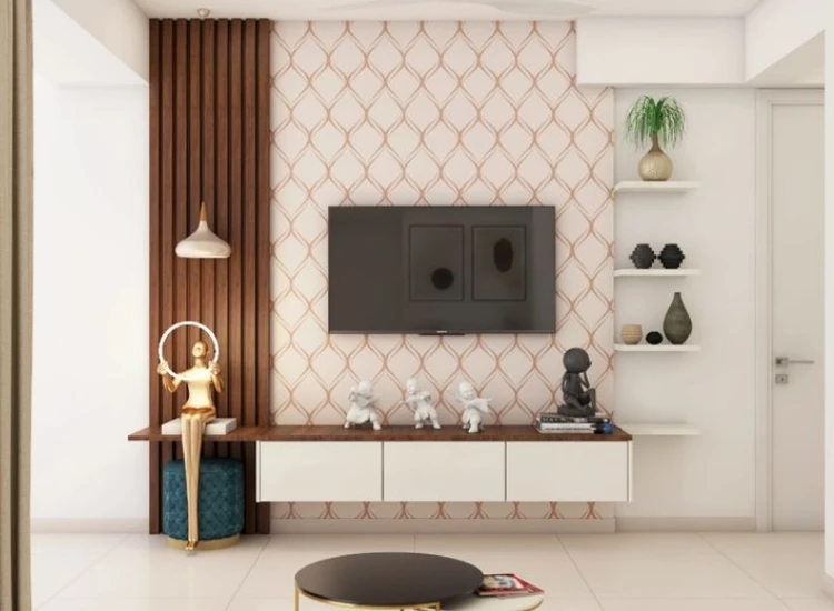 62. Compact Luxury Interior Design "Compact luxury interior design, combining elegant furniture, modern TV units, and smart storage solutions for a sophisticated yet space-efficient living room."