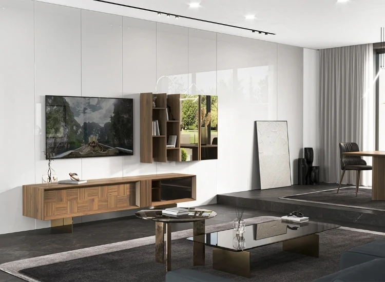 63. Heritage Chic Interior Design for Home "Heritage chic interior design for home, blending classic furniture, traditional TV units, and vintage accents to create a timeless, elegant living room."