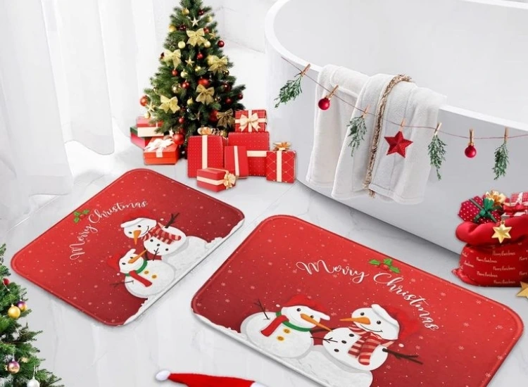 "Festive towels and bath mats add a holiday touch to the bathroom. christmas tree png enhances the seasonal decor."