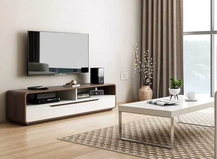 64. Gloss High Gloss Finishes "Gloss TV unit design, featuring high-gloss finishes for a polished, modern aesthetic that enhances the sophistication of any living room."
