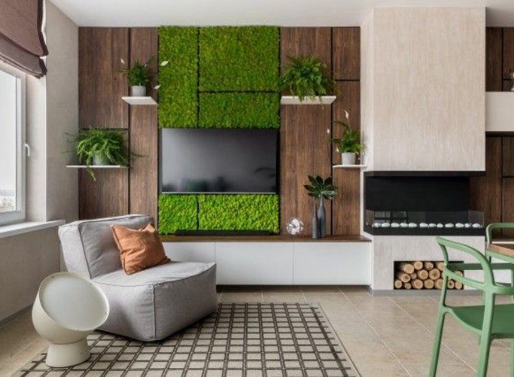 "TV unit with integrated plant holders design, blending modern entertainment with greenery for a fresh, stylish living room ambiance."