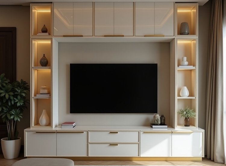 "White and gold TV unit design, blending elegance and luxury with stylish storage for a sophisticated living room aesthetic."