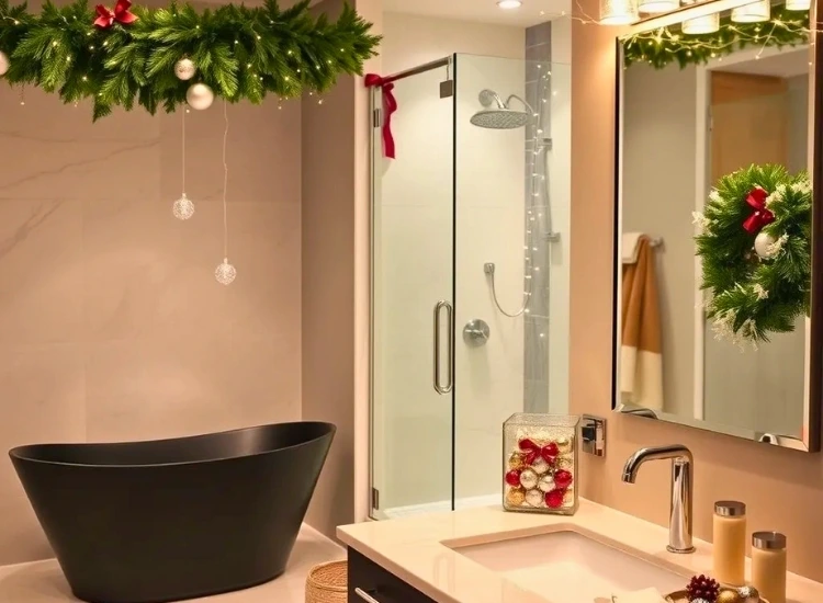 "Garland wrapped around the shower rod adds a festive touch. christmas tree picture enhances the holiday bathroom decor."