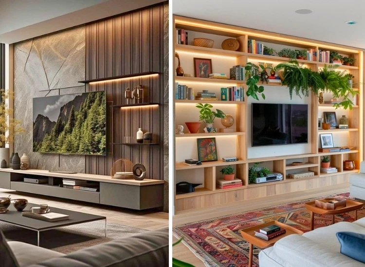 7. Wall Mounted TV Unit Design "Elegant wall-mounted TV unit design with storage, featuring modern styles and decorative ideas for living room interiors."