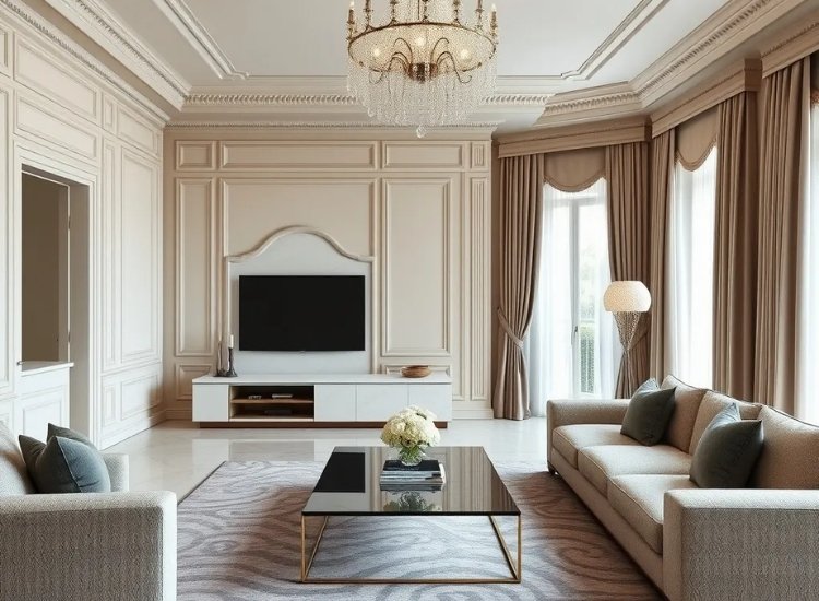 "Modern European interior decor with elegant furniture, stylish TV units, and a blend of contemporary and classic design elements for a chic living room."