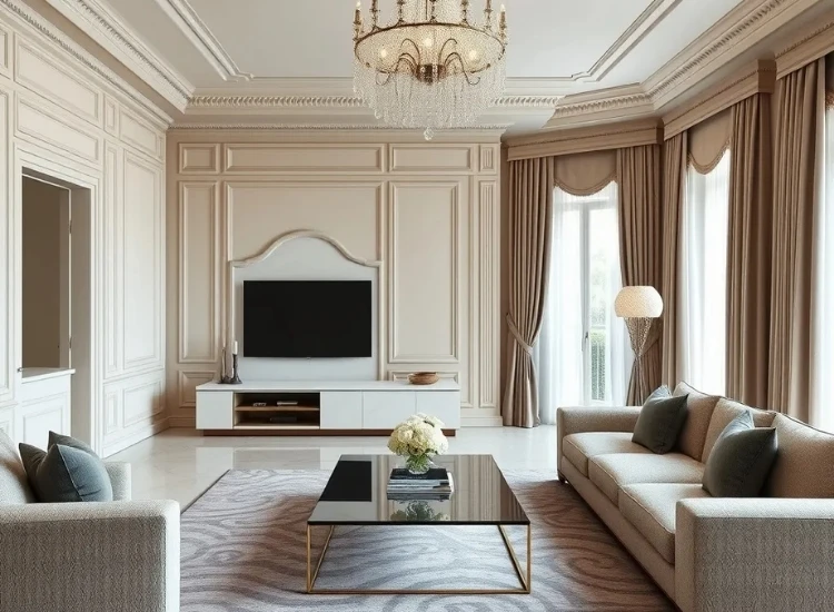 71. Modern European Interior Decor "Modern European interior decor with elegant furniture, stylish TV units, and a blend of contemporary and classic design elements for a chic living room."