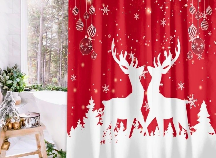 "Festive shower curtain with Santa and reindeer prints, perfect for holiday vibes. Christmas tree png included."