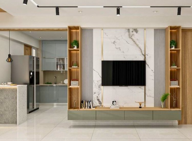 "TV unit design with a combination of materials, mixing wood, metal, and glass for ultimate style and a unique, modern living room look."