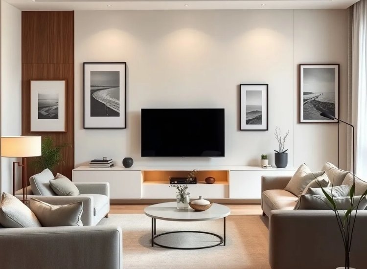 "Laminate TV units, offering durable and stylish finishes for long-lasting appeal, perfect for modern living room designs."