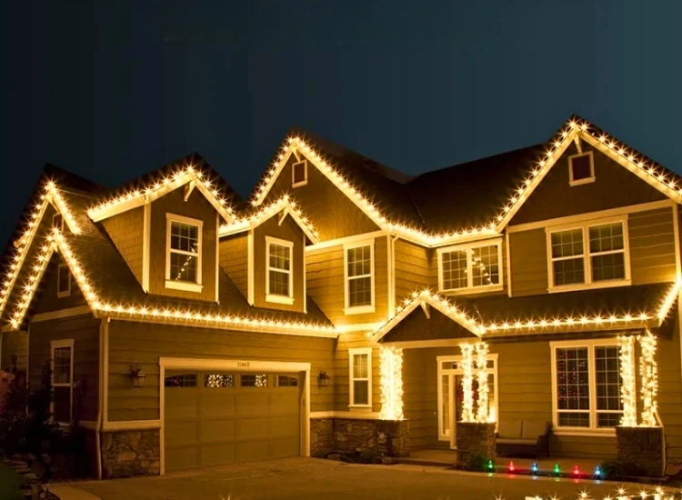 "Roofline adorned with sparkling Christmas lights, creating a magical holiday glow. Christmas tree picture included."