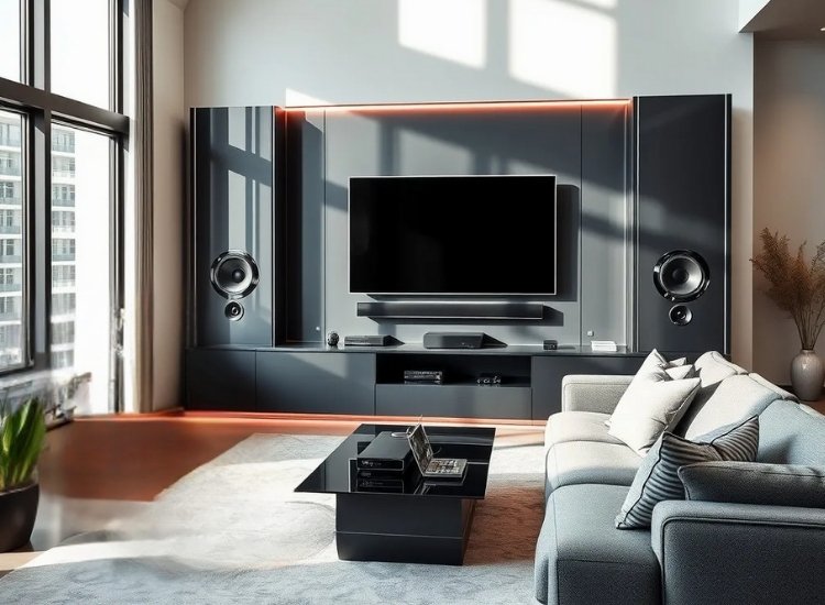 "Smart TV unit with built-in technology, offering sleek design and integrated features like wireless charging and media control for a modern living room."