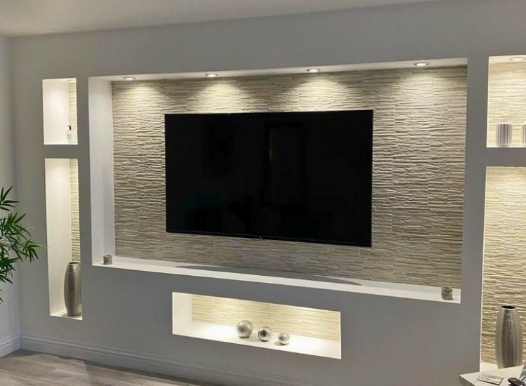 "Stone TV unit design, offering bold, sturdy, and eye-catching features that add a striking, natural element to modern living room decor."