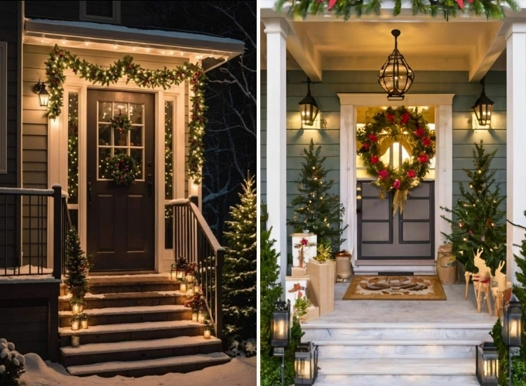 "Lanterns with LED candles on steps, creating a warm holiday ambiance. Christmas tree png included."