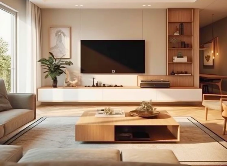 8 "Comparing floating and free-standing TV unit interiors, highlighting modern TV unit designs and storage-friendly solutions."