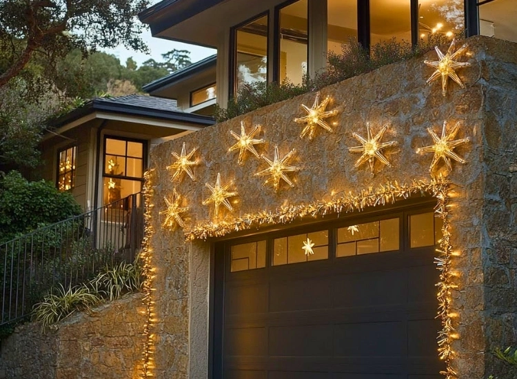 "Christmas star placed above the garage, adding a festive shine. Christmas tree picture included."